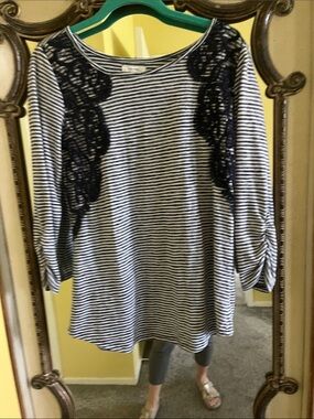 Maurices Black & White Striped Long Sleeve Top with Lace Accents